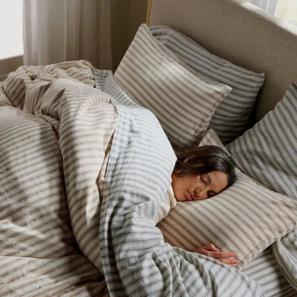 Full/Queen Relaxed Linen Stripe Duvet Cover & Sham Set Pecan & Parchment -